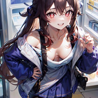 genshin impact, hu tao (genshin impact), nai diffusion, stable diffusion, 1girls, alternate costume, breasts, brown hair, cleavage, down blouse, female, pantyhose, red eyes, skirt, smile