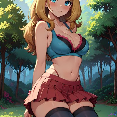 pokemon, serena (pokemon), stable diffusion, arms behind back, blonde hair, blue eyes, blush, bra, cleavage, collarbone, curvy, facing forward, facing viewer, female, female only