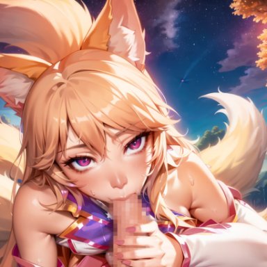 league of legends, riot games, star guardian series, ahri, star guardian ahri, stable diffusion, 9 tails, alternate costume, alternate hair color, alternate hairstyle, animal ear fluff, animal ears, animal girl, big breasts, blonde hair