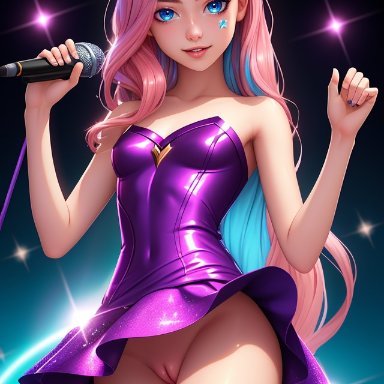 league of legends, seraphine (league of legends), stable diffusion, blue eyes, blue highlights, cute, dress, dress lift, exhibitionism, facial mark, facial markings, hips, lips, long hair, looking at viewer