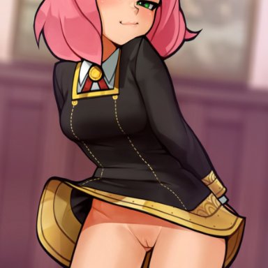 spy x family, anya (spy x family), loodncrood, aged up, ahoge, arms behind back, blurry, blurry background, closed mouth, cone hair bun, dress, eden academy school uniform, female, flashing, green eyes