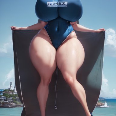 one-punch man, fubuki (one-punch man), stable diffusion, thicknesslord, alternate breast size, alternate costume, beach, big breasts, breasts bigger than head, curvaceous, curvy, giant breasts, high heels, hourglass figure, huge breasts