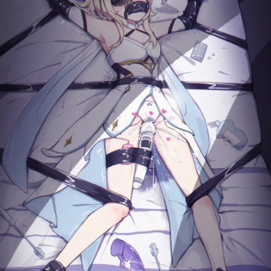 genshin impact, lumine (genshin impact), blindfold, blonde hair, bondage, bound, bound ankles, bound arms, bound legs, bound to bed, bound torso, bound wrists, covered eyes, dildo, dress