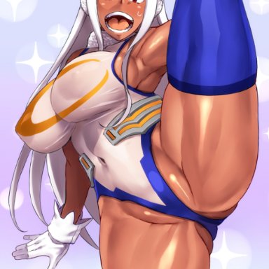 my hero academia, miruko, haikawa hemlen, armpits, brown skin, embarrassed, fit female, huge breasts, leg up, legs apart, leotard, muscles, open mouth, thick thighs, thighhighs