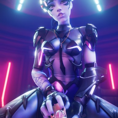 overwatch, widowmaker, beeg3d, blue hair, bodysuit, chastity, chastity cage, chastity device, clothed, cowgirl position, femdom, handjob, keyholder, kneeling, light-skinned male