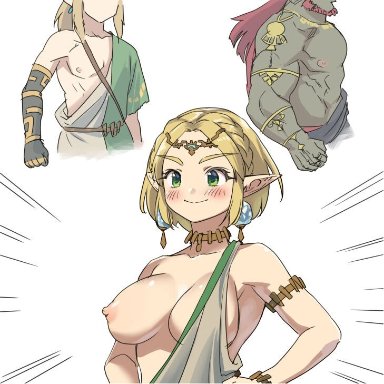 nintendo, tears of the kingdom, the legend of zelda, ganondorf, link, link (breath of the wild), princess zelda, zelda (breath of the wild), monbetsu kuniharu, 1girls, 2boys, armpits, big breasts, blonde female, blonde hair