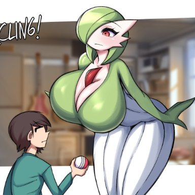 nintendo, pokemon, gardevoir, pok&#233;mon (species), saltyxodium, 1boy, 1girls, anthro, breasts, female, furry, green hair, hair over one eye, height difference, hips