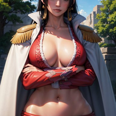 one piece, boa hancock, artist request, 1girls, belly button, big breasts, black hair, blue eyes, blush, blushing, breasts, coat, coat on shoulders, crossed arms, desenhista que pensa