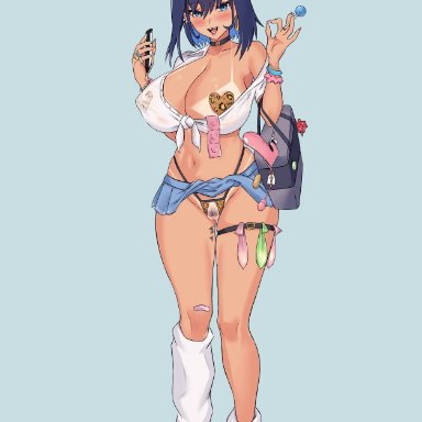 hololive, hololive english, ouro kronii, rika (akarika057), 1girls, bag, belly, blue eyes, blue hair, blush, cellphone, choker, condom belt, crotchless, crotchless panties