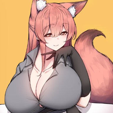 arknights, franka (arknights), rikuguma, 1girls, :), animal ear fluff, animal ears, arm support, arm under breasts, bedroom eyes, big breasts, blush, breasts, brown hair, busty