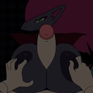 beat banger, pokemon, hisuian zoroark, zoroark, 1boy, 1boy2girls, 2girls, areola, areolae, big breasts, big penis, breasts, cum, cumshot, double paizuri