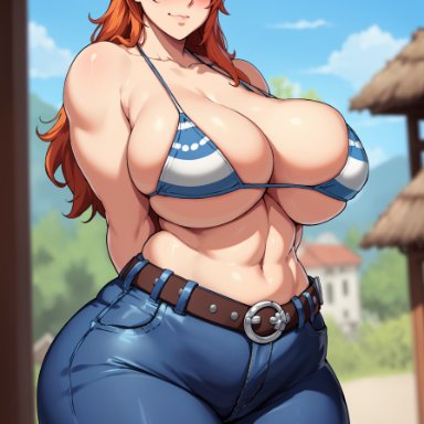 one piece, nami, stable diffusion, 1girls, breasts, female, hips, huge breasts, light skin, long hair, massive breasts, orange hair, outdoors, thick thighs, thighs