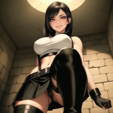 final fantasy, final fantasy vii, tifa lockhart, belly button, black hair, cameltoe, from below, gloves, looking at viewer, looking down, midriff, midriff baring shirt, navel, orange eyes, panties