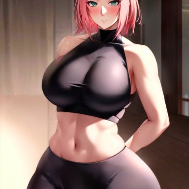 naruto, sakura haruno, stable diffusion, 1girls, curvy body, curvy figure, female only, green eyes, huge breasts, looking at viewer, pink hair, short hair, solo female, solo focus, voluptuous