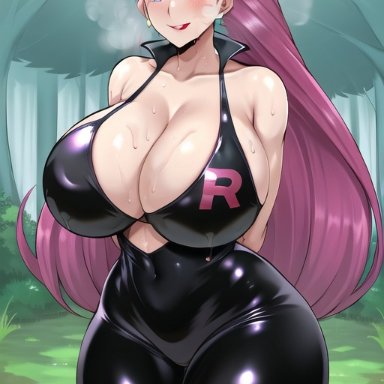 pokemon, jessie (pokemon), arms behind back, cleavage, embarassed, female, female only, forest, huge breasts, latex suit, long hair, purple hair, solo female, suggestive clothing, sweating