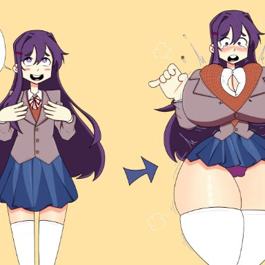 doki doki literature club, yuri (doki doki literature club), alternate ass size, alternate breast size, ass expansion, before and after, boob window, breast expansion, expansion, flat chest, growth, school uniform, thigh highs, transformation, wardrobe malfunction