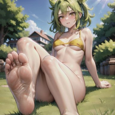 league of legends, zeri (league of legends), marannd, stable diffusion, 1girls, feet, female, foot fetish, green eyes, green hair, ai generated