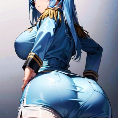 goddess of victory: nikke, helm (nikke), 1girls, ass, blue eyes, blue hair, blush, breasts, female, from behind, gloves, hat, huge ass, large breasts, light-skinned female