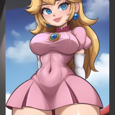 mario (series), mario tennis, nintendo, princess peach, 1girls, alternate costume, arms behind back, big breasts, blonde hair, blue eyes, breasts, busty, child bearing hips, covered navel, female