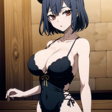 black clover, secre swallowtail, dogenzakanoeel, big breasts, black hair, blush, breasts, female, horn, horns, nude, nude female, red eyes, short hair, small breasts