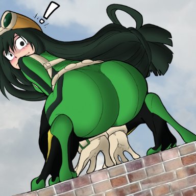 my hero academia, tsuyu asui, demimond23, krimreaper, !, 1girls, all fours, ass, back, back view, backboob, big ass, bodysuit, breasts, clothed