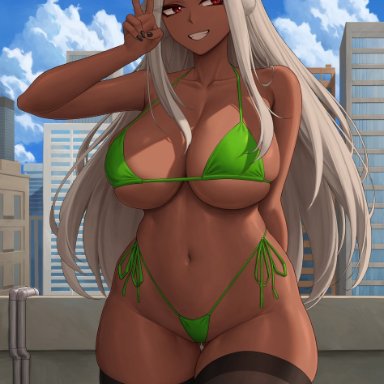 my hero academia, miruko, rumi usagiyama, zaphn, 1girls, bikini, breasts, brown skin, bunny ears, dark-skinned female, dark skin, female, green bikini, hips, huge breasts