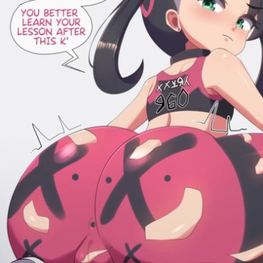 game freak, nintendo, pokemon, pokemon ss, marnie (pokemon), smolly poli, 1boy, 1girls, alternate costume, angry, ass, black hair, bottom heavy, breasts, dat ass