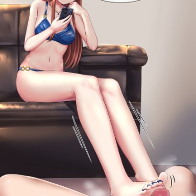 idolmaster, idolmaster cinderella girls, zaizen tokiko, 1boy, 1boy1girl, 1girl1boy, annoyed, average sized penis, barefoot, blue nails, breasts, brown eyes, cellphone, curvaceous, curvy