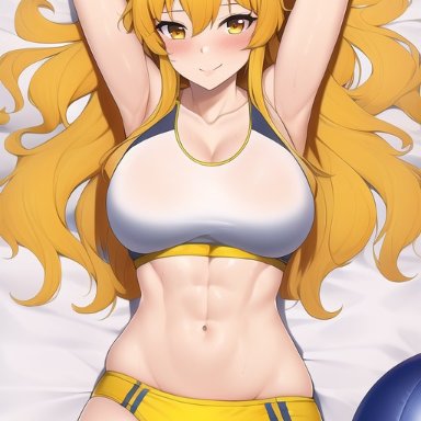 rwby, yang xiao long, justtlyx, arms up, blonde hair, female, on bed, solo, sportswear, very long hair, ai generated, tagme