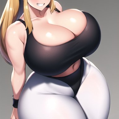 the legend of zelda, princess zelda, nai diffusion, stable diffusion, black tank top, blonde hair, blue eyes, cleavage, curvaceous, curvy, curvy figure, gigantic ass, gigantic breasts, huge ass, huge breasts