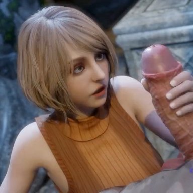 resident evil, resident evil 4, resident evil 4 remake, ashley graham, ashley graham (ella freya), beowulf1117, 1boy, 1girl, big penis, blonde hair, clothed, female focus, foreskin, foreskin folds, foreskin pull