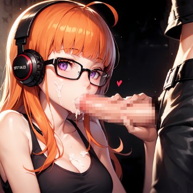 persona, persona 5, sakura futaba, nai diffusion, stable diffusion, blush, fellatio, glasses, headphones, long hair, oral, orange hair, penis, penis in mouth, purple eyes