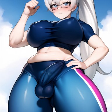 rwby, weiss schnee, shadyfox, stable diffusion, 1futa, arm up, balls, bangs, belly, big breasts, blue eyes, blue sky, blush, blushing at viewer, breasts