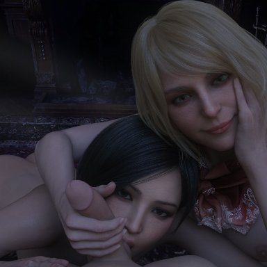 capcom, resident evil, resident evil 4, resident evil 4 remake, ada wong, ashley graham, ashley graham (ella freya), rehtien3d, 1boy, 1boy2girls, 2girls, 2girls1boy, ass, ball sucking, breasts