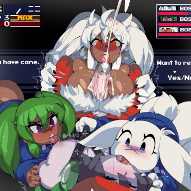 cave story, mimiga, quote (cave story), sue sakamoto, captain kirb, 1boy, 3girls, anthro, ass, big ass, big breasts, black hair, bottomless, breasts, bubble butt