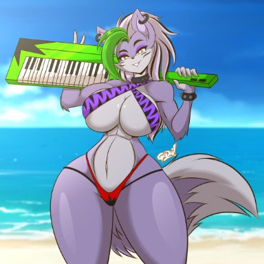 five nights at freddy's, fnaf, roxanne wolf (fnaf), mastergodai, animatronic, big breasts, curvy, curvy female, swimsuit, wolf, wolf girl, tagme