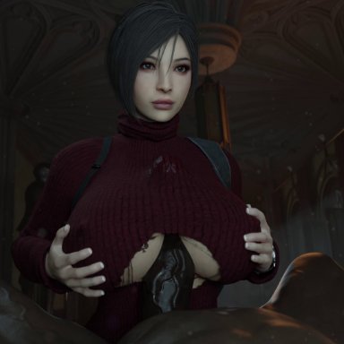 biohazard, capcom, resident evil, resident evil 4 remake, ada wong, stickybuns, 1boy, 1girls, asian, asian female, busty, cleavage, cleavage cutout, dark-skinned male, dark skin