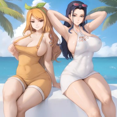 one piece, nami, nami (one piece), nico robin, 2girls, abs, armpits, arms behind head, arms up, bare shoulders, beach background, blonde hair, breasts, brown eyes, brown hair