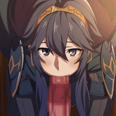 fire emblem, fire emblem awakening, nintendo, lucina (fire emblem), kumanosuke, 1boy, 1girls, armor, armored dress, blue cape, blue eyes, blue hair, blush, cape, fellatio