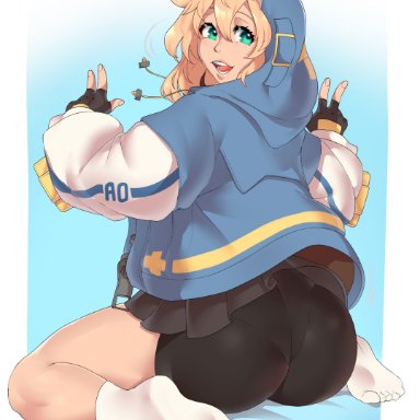 guilty gear, guilty gear strive, bridget, hexprinxess, 1girls, abstract background, ass, big ass, bike shorts, blonde hair, blue eyes, fingerless gloves, fully clothed, hoodie, kneeling