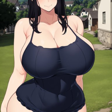 one piece, nico robin, oatmealdood, stable diffusion, 1girls, alternate body type, black hair, blue eyes, breasts, female, hips, huge breasts, long hair, thick thighs, thighs