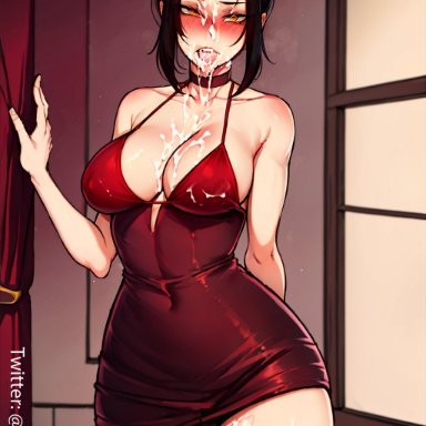 avatar the last airbender, azula, osyasenpai, stable diffusion, 1girls, amber eyes, big breasts, black hair, breasts, cum, cum on face, dark hair, female, female only, lingerie