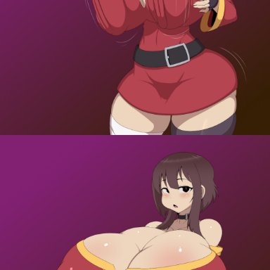 megumin, ber00, 1girls, 5 fingers, alternate breast size, ass expansion, bare shoulders, big breasts, big nipples, breast expansion, breasts, breasts bigger than head, brown hair, busty, butt expansion