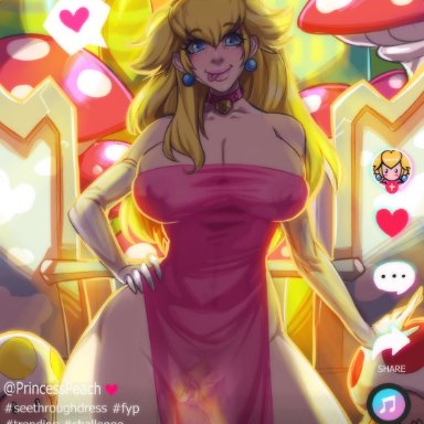 mario (series), nintendo, super mario bros., tiktok, princess peach, toad (mario), turtlechan, 1girls, :p, armwear, big breasts, blonde hair, blue eyes, camera view, crown