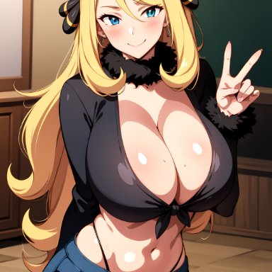 pokemon, cynthia (pokemon), stable diffusion, big breasts, black clothing, blonde hair, blue eyes, blue jeans, blush, busty, chalkboard, cleavage, crop top, curvy, facing forward