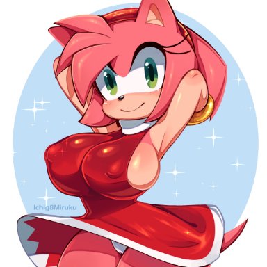 sega, sonic (series), sonic the hedgehog (series), amy rose, ichig8miruku, anthro, armpits, big breasts, breasts, clothed, green eyes, headband, nipple bulge, panties, pink hair