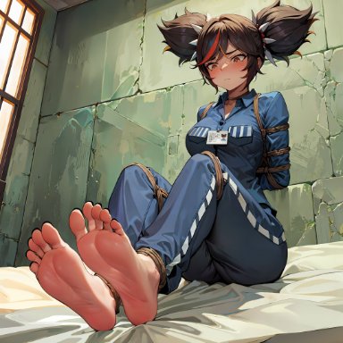 genshin impact, xinyan (genshin impact), stable diffusion, xinyandegen, alternate costume, arms behind back, bangs, barefoot, bed, black hair, blue pants, blue shirt, blush, bondage, bound