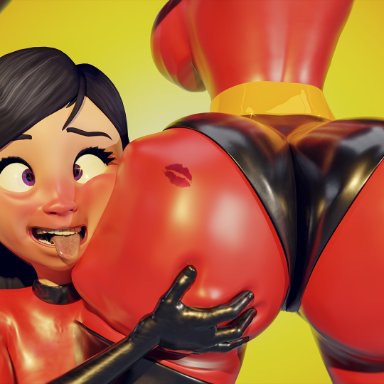 disney, pixar, the incredibles, elastigirl, helen parr, violet parr, kinkyincubus, 2girls, ahe gao, ass, ass focus, ass grab, ass worship, black hair, blush