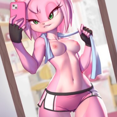 sega, sonic (series), amy rose, pakwan008, areola, areolae, ass visible through thighs, breasts, cellphone, eyelashes, female only, femle, furry, furry only, gloves