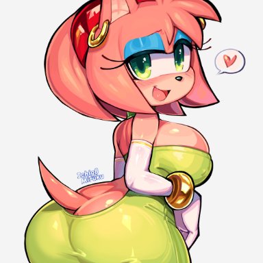 sega, sonic (series), sonic the hedgehog (series), amy rose, ichig8miruku, anthro, ass, big breasts, blush, breasts, clothed, earrings, female, gloves, green dress